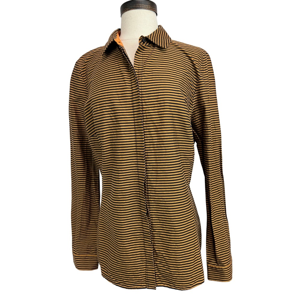 Lafayette 148 Shirt Womens L Mustard Black Excellent Striped Button Down Blouse